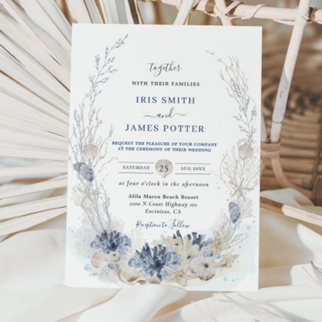 Convite Boho Chic Beach Destino Hampton Wedding (beach-destination-wedding-invitation-cards-soft-pastel-blue-corals-reef-shells-elegant-boho-chic)