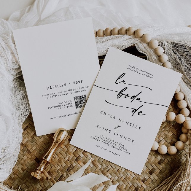Convite Boho Chic Black and White QR Code Casamento espanh (Criador carregado)