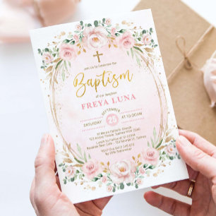 Convite Boho Chic Blush Dourada Floral Rosa Batismo