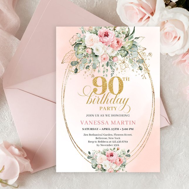 Convite Boho Chic Blush Floral Greenery Gold 90th Birthday (Boho Chic Blush Floral Greenery 90th Birthday Invite)