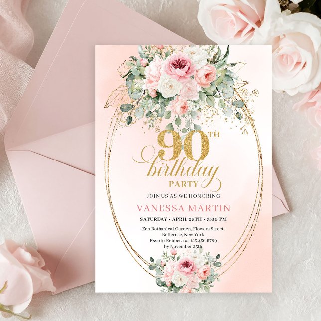 Convite Boho Chic Blush Floral Greenery Gold 90th Birthday (Elegant Minimal Blush Rose Gold 90th Birthday Invitation)
