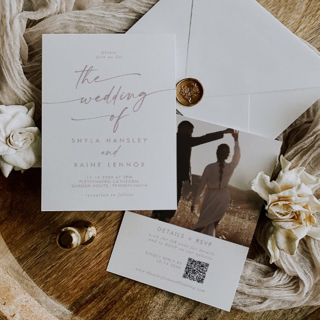 Convite Boho Chic Blush Foto Rosa Código QR Casamento (Criador carregado)