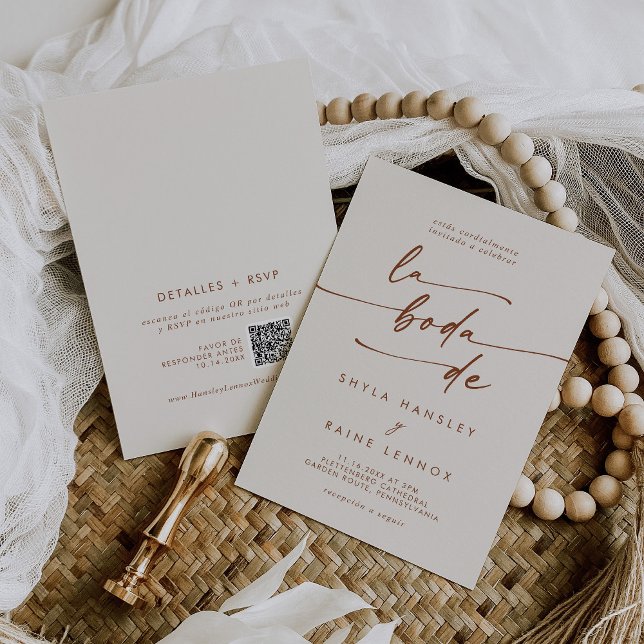 Convite Boho Chic Bohemian Cream QR Code Casamento Espanho (Criador carregado)