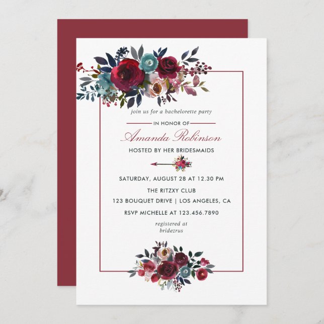 Convite Boho Chic Burgundy e Casamento outono de outono de (Frente/Verso)