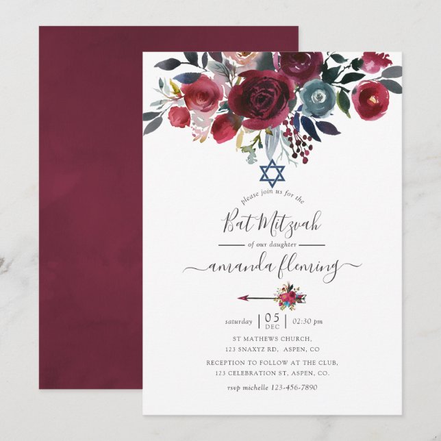 Convite Boho Chic Burgundy e Floral Naval Bat Mitzvah (Frente/Verso)