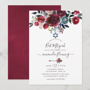 Convite Boho Chic Burgundy e Floral Naval Bat Mitzvah
