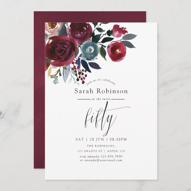 Convite Boho Chic Burgundy e Marinho 50ª Festa de aniversá (Frente/Verso)
