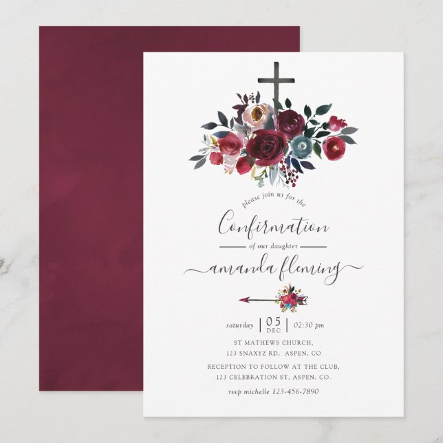 Convite Boho Chic Burgundy e Naval Floral Confirmação (Frente/Verso)