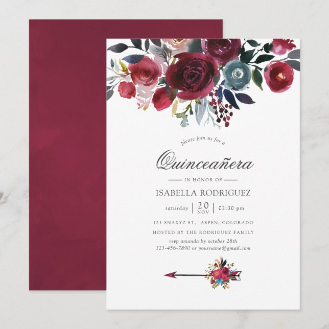 Convite Boho Chic Burgundy e Navy floral Quinceañera (Frente/Verso)
