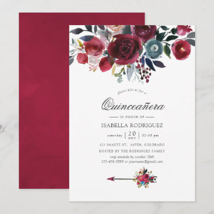 Convite Boho Chic Burgundy e Navy floral Quinceañera