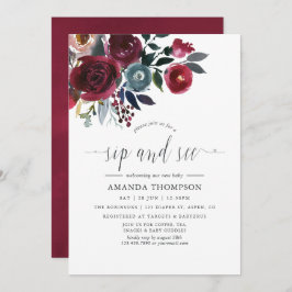Convite Boho Chic Burgundy & Marinho floral Sip and See