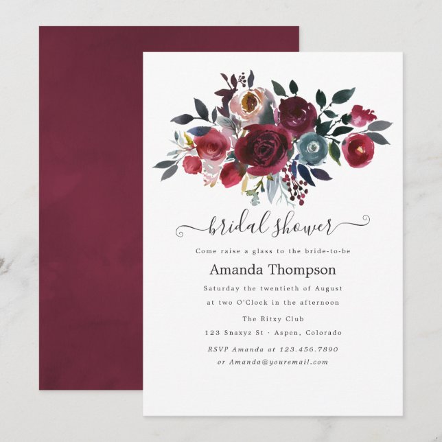 Convite Boho Chic Burgundy & Navy floral Brunch e Espumant (Frente/Verso)