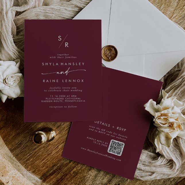 Convite Boho Chic Burgundy Red Monograma Código QR Casamen (Boho Chic Burgundy Red Monogram QR Code Wedding Invitation)