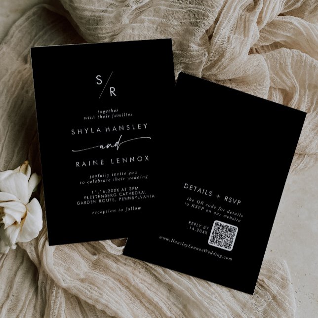 Convite Boho Chic COLOR EDITABLE Monograma QR Casamento (Criador carregado)