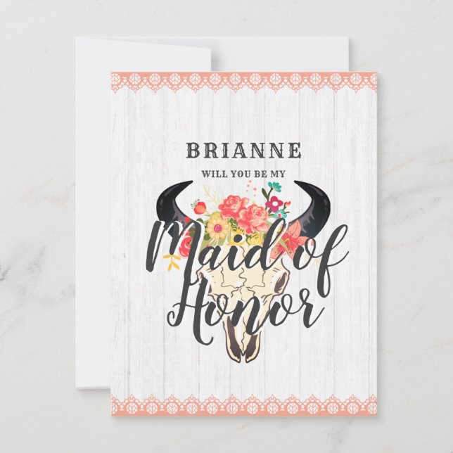 Convite Boho Chic Cow Skull Você Será Minha Madrinha de ca (Frente)