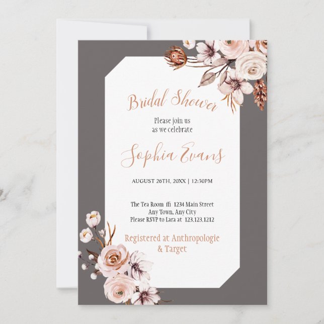 Convite Boho Chic Cream e Brown Floral Chá de panela (Frente)