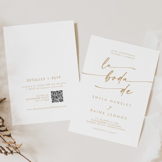 Convite Boho Chic Dourado e Branco Código QR Casamento Esp (Boho Chic Gold and White QR Code Spanish Wedding Invitation)