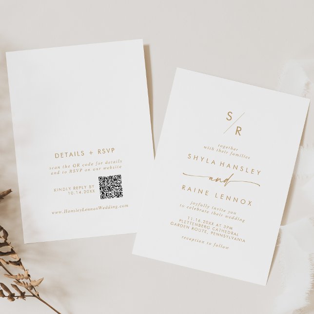 Convite Boho Chic Dourado e White Monograma Código QR Casa (Boho Chic Gold and White Monogram QR Code Wedding Invitation)