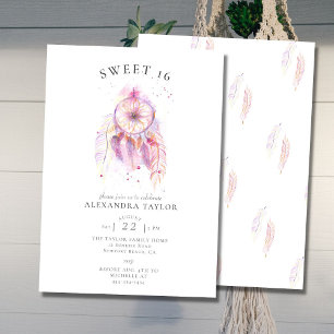 Convite Boho Chic Dream Catcher Pink Watercolor Sweet 16
