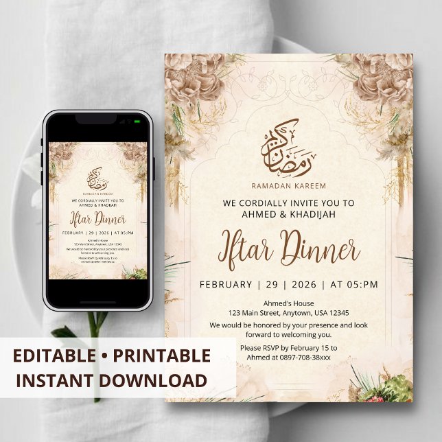 Convite Boho Chic Dried Flower Ramadan Iftar Invitation (Criador carregado)