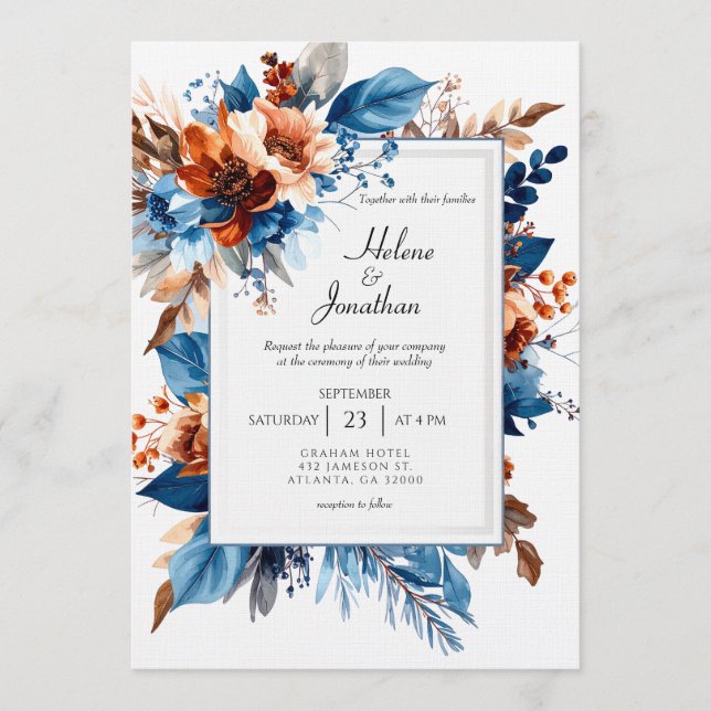 Convite Boho Chic Dusty Blue Terracotta Elegant Wedding (Frente)