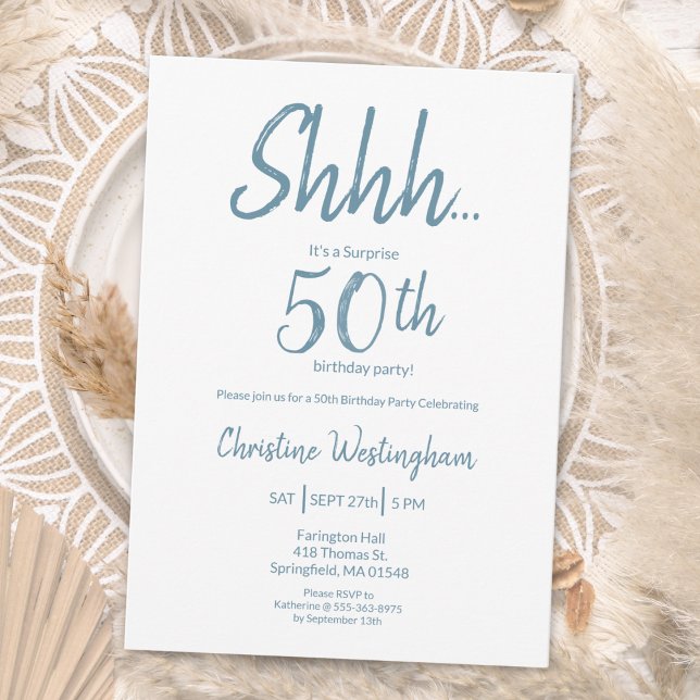Convite Boho Chic Dusty Blue White Surprise 50th Birthday (Criador carregado)