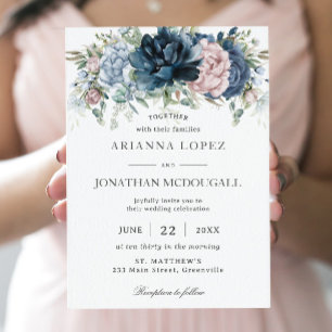 Convite Boho Chic Dusty Marinho Azul Cor-de-rosa Casamento