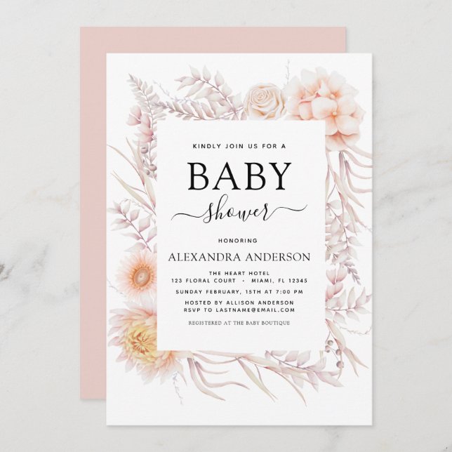 Convite Boho Chic Dusty Pink Chá de fraldas do Deserto (Frente/Verso)