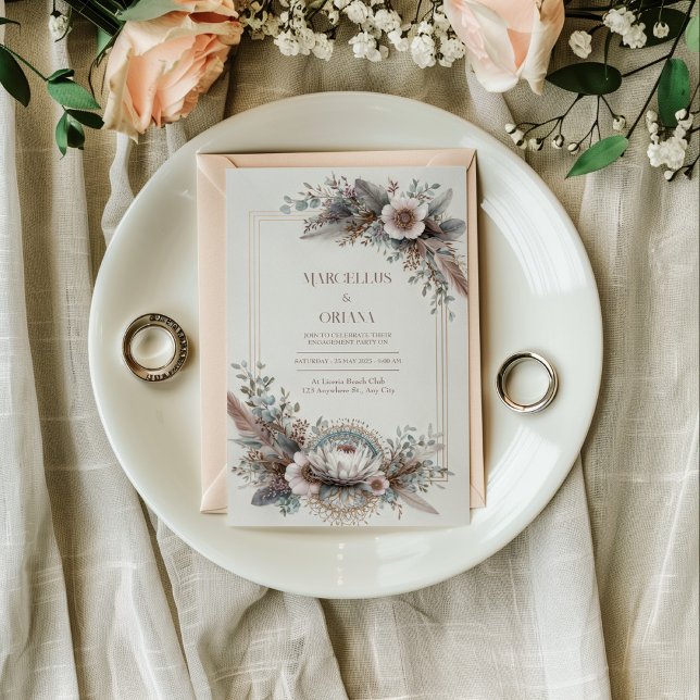 Convite Boho Chic Feather Dusty Rose Gold Frame Wedding (Criador carregado)