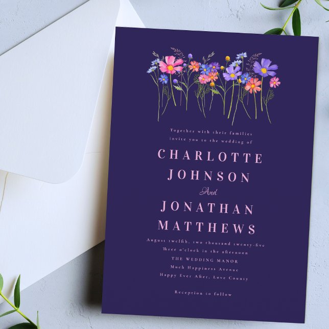 Convite Boho Chic Flor de Campo Azul Marinho Rosa Casament (Elegant modern wildflower meadow vibrant florals navy blue pink wedding invitation)