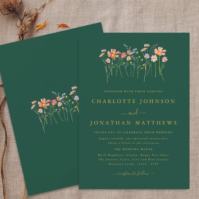 Convite Boho Chic Flor Silvestre Outono Verde & Dourado Ca (Boho fall Wildflower floral green & gold Wedding invitation Elegant modern watercolor autumn flowers)