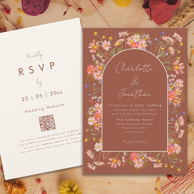 Convite Boho Chic Floral Arch Burnt Orange Casamento outon (Boho chic wildflower arch terracotta burnt orange fall wedding invitation )