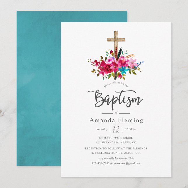 Convite Boho Chic Floral Baptism (Frente/Verso)