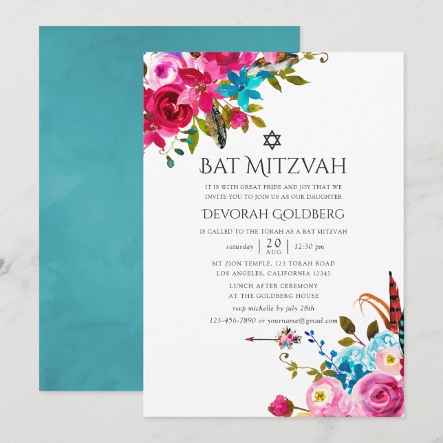 Convite Boho Chic Floral Bar Mitzvah (Frente/Verso)
