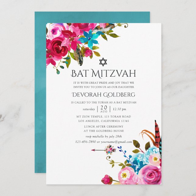 Convite Boho Chic Floral Bat Mitzvah (Frente/Verso)