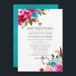 Convite Boho Chic Floral Bat Mitzvah<br><div class="desc">Boho cor-de-rosa-chic e azul-turquesa água azul-d'água,  convites com tipografia floral bat mitzvah,  concebidos para serem rápida e facilmente personalizáveis em função das suas especificidades de eventos.</div>