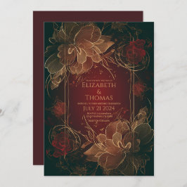 Convite Boho Chic Floral Burgundy e tema Dourado.
