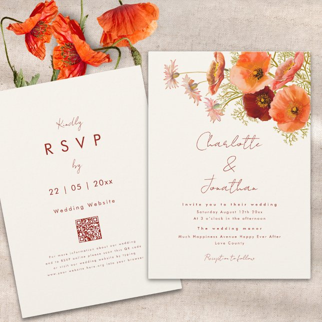 Convite Boho Chic Floral Casamento de Outono (Boho floral fall wedding invitation with qr code orange peach and burnt orange script)