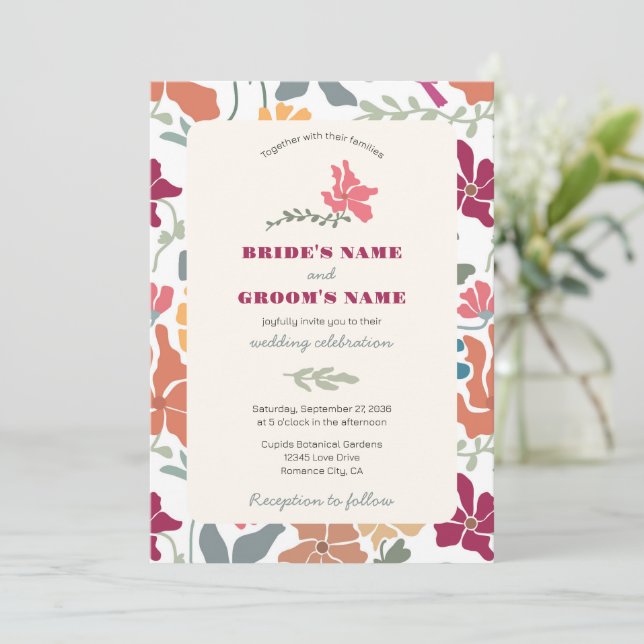 Convite Boho Chic Floral Casamento Retro Meados do Século (Em pé/Frente)