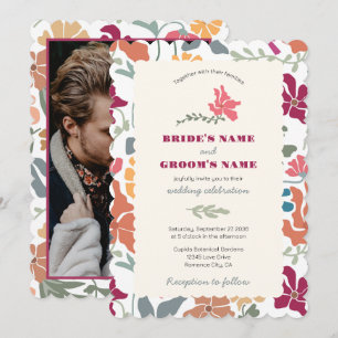 Convite Boho Chic Floral Casamento Retro Meados do Século