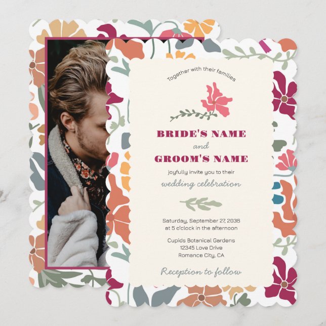 Convite Boho Chic Floral Casamento Retro Meados do Século  (Frente/Verso)