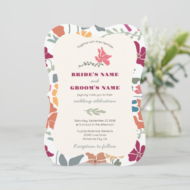 Convite Boho Chic Floral Casamento Retro Meados do Século (Em pé/Frente)