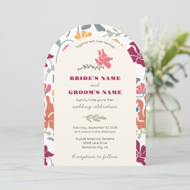 Convite Boho Chic Floral Casamento Retro Meados do Século (Em pé/Frente)