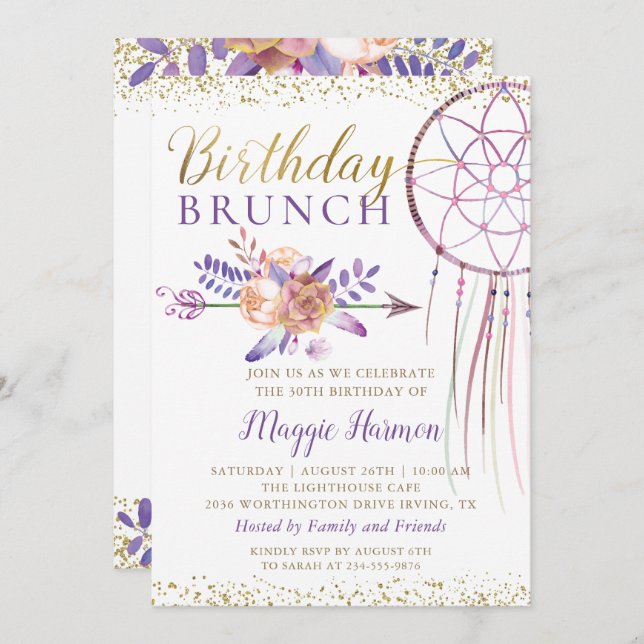 Convite Boho Chic Floral Dreamcatcher Birthday Brunch (Frente/Verso)