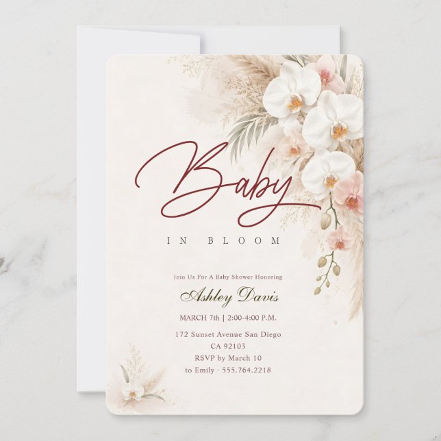 Convite Boho Chic Floral Orquídea Bebê em Flor Baby Shower (Frente)