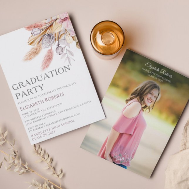 Convite Boho Chic Floral Photo Graduation Announcement (Criador carregado)