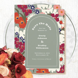 Convite Boho Chic Floral Verde Salvia Moderno Salve a Data