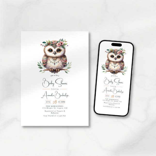 Convite Boho Chic Floresta Animais Chá de Bebê (Boho Chic Foest Woodland Animals Baby Shower Invitation)