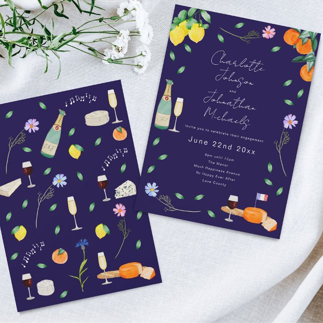 Convite Boho Chic French Wine and Cheese Engagement Party (Wildflower boho citrus floral navy blue french wine and cheese Wedding invitation )