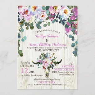 Convite Boho Chic Longhorn Cow Casamento Floral